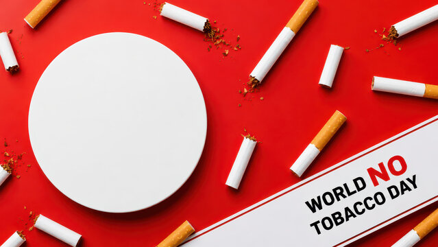 Crushed cigarettes on red background for world no tobacco day awareness, cigarette control, anti-smoking campaign, health consciousness, tobacco cessation efforts, healthy lifestyle promotion