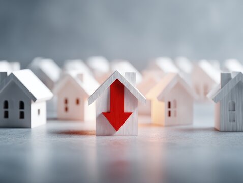 Small white house model with a red downward arrow symbolizing a decline in the housing market among similar homes blurred in the background on grey surface