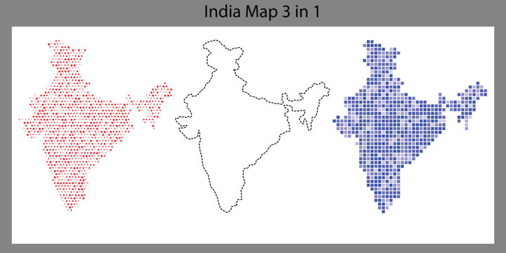 India map in three different styles with red blue and black colors
