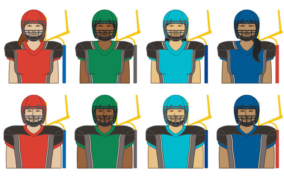 diversity, race, ethnicity of football player (North American) vector icons, male and female, wearing uniform and helmet, with football and goal post, isolated on a white background