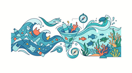 Naklejka premium Oceanic illustration with plastic pollution concept.