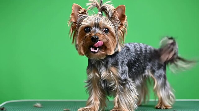 Yorkshire Terrier with Styled Topknot on a Grooming Table Against Green Screen Background