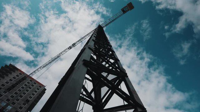 Tower crane mast and jib against cloudy sky from low angle view