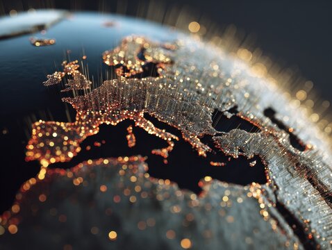 Illuminated digital map of Europe showing city lights and data connections with a night-time perspective on a stylized global sphere design