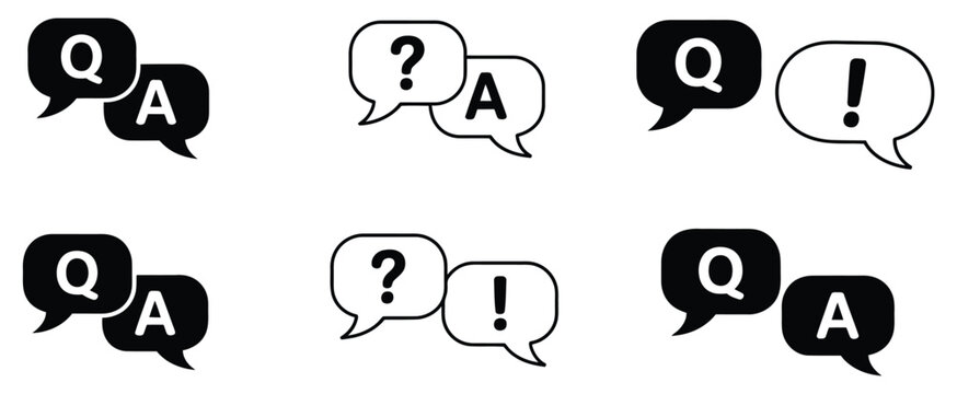 Question and answer icon set featuring chat speech bubbles, Q and A symbols, ask and support buttons for website