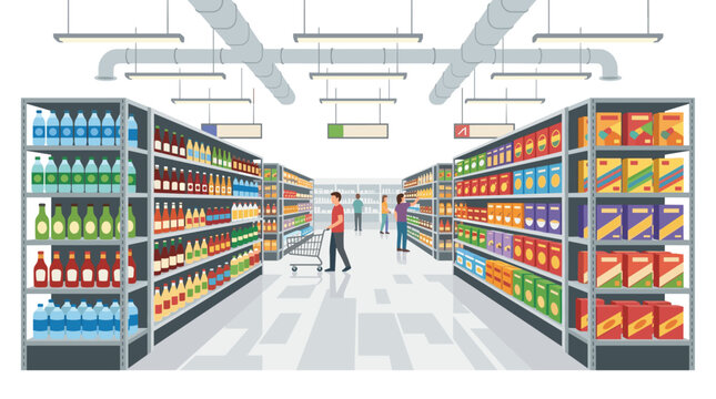 Shopper with cart in a modern supermarket aisle surrounded by shelves packed with a wide variety of food items.