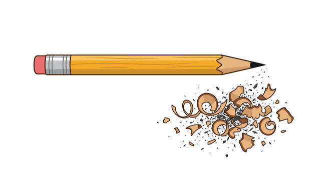 A classic yellow wooden pencil is positioned horizontally above a neat pile of delicate coiled wood shavings on a neutral light colored studio background surface.