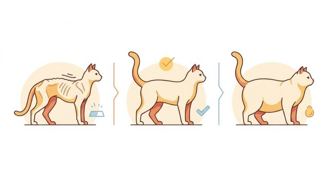 Illustration shows three stages of body condition score in a cat. Images depict changes in health and weight for veterinary education.