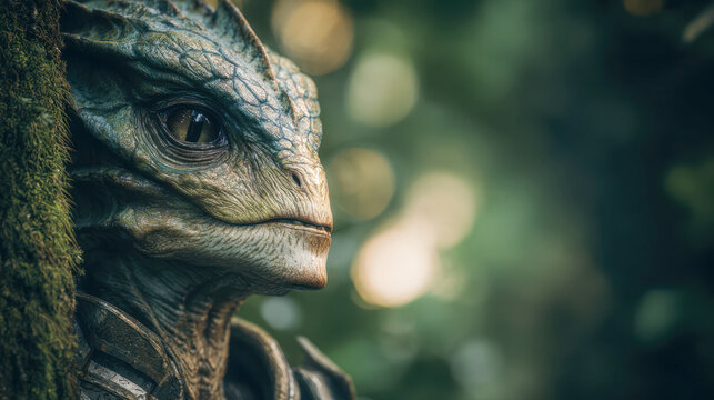 Mystical reptilian creature with intricate textured scales peering from behind mossy tree bark in soft focused forest environment during golden hour