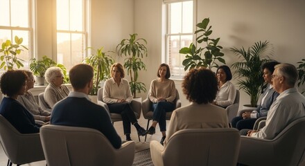 Obraz premium Diverse group of people sitting in a circle in a brightly lit room for a support group or therapy session