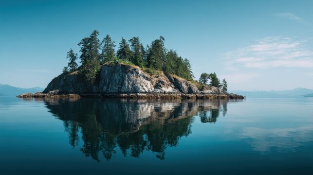 Tranquil small rocky island covered with pine trees perfectly reflected in calm blue ocean waters under a clear sky on a peaceful sunny day