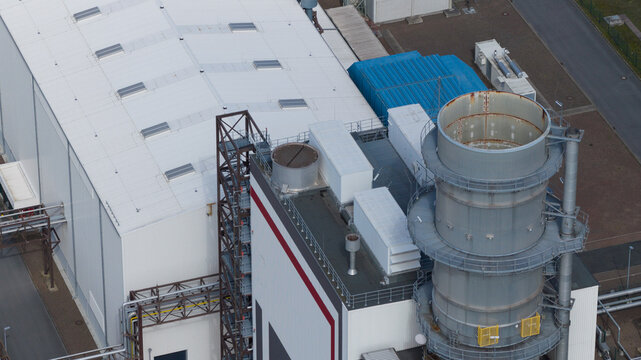 Aerial view of the Trianel Gaskraftwerk Hamm power plant showing industrial exhaust stacks and facility buildings Hamm, Nordrhein-Westfalen, Germany.