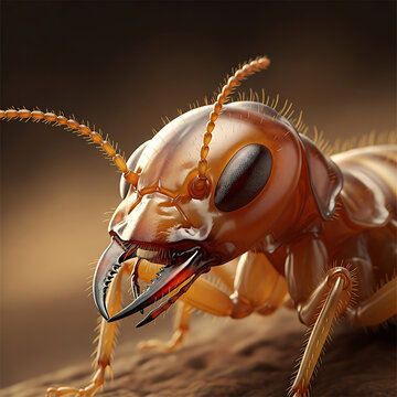 Intense macro close-up of a soldier termite's formidable head and powerful mandibles