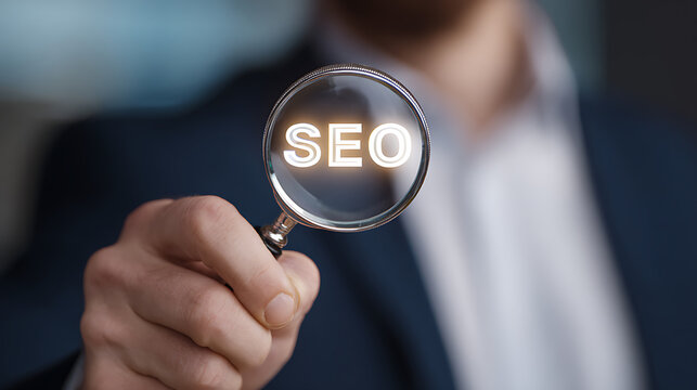 Professional holds magnifying glass highlighting essential digital marketing abbreviation, symbolizing detailed search, analysis, and discovery of information