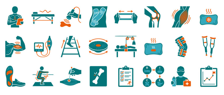 Comprehensive Orthopedic Rehabilitation and Physical Therapy Treatment Process Icon Set Collection