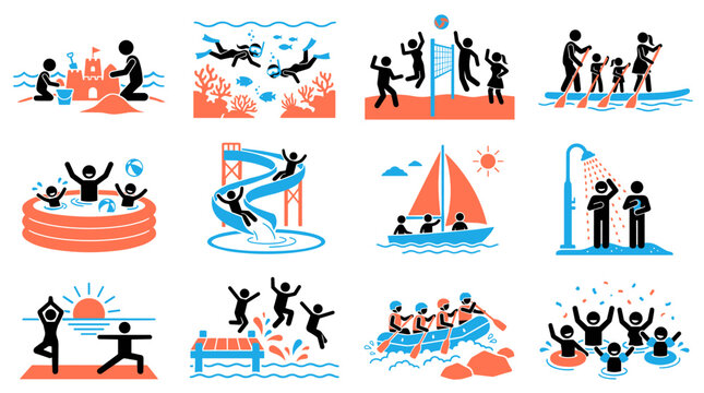Vibrant illustration of various family summer vacation and outdoor water activities for holiday fun