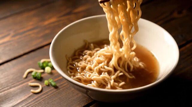 A steaming bowl of noodles on wooden table.