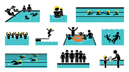 Fototapeta premium Swimming pool pictogram: diverse stick figures illustrate activities families and learn to swim concepts