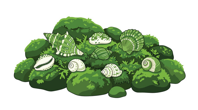Assorted white and green seashells are scattered across a thick textured bed of vibrant forest moss and small rocks on a pure white isolated background.