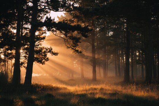 Sunlight streaming through dense pine trees casting golden rays and soft shadows on a tranquil forest floor during early morning mist and calm ambiance