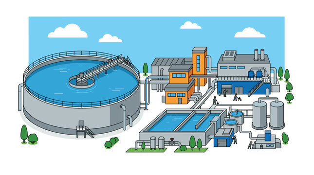 A cartoon styled industrial water treatment facility highlights a large primary circular clarifier tank alongside blue filtration buildings under a clear sky.