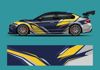 Fototapeta premium Sporty sedan car wrap design with geometric racing stripes