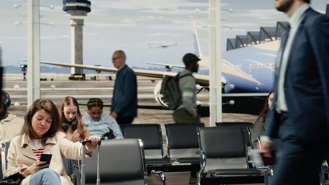 Man bumping into woman while pushing trolley, navigating crowded airport hallway. Travelers clashing luggage while rushing through busy transportation hub to catch plane, camera A