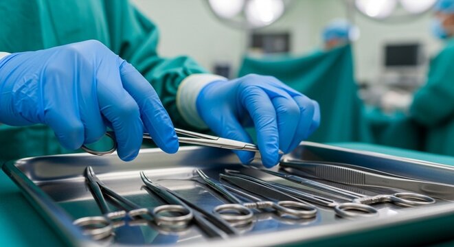 Surgeon's hands in blue gloves select surgical instruments from a tray in operating room