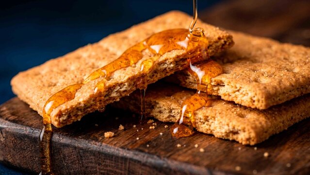 Golden Syrup Drizzles Over Stacked Biscuits on Rustic Wood - Delicious Breakfast or Snack Image