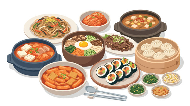 Korean Food Flat Vector Icon Set Top View Layered Composition Isolated on White Background