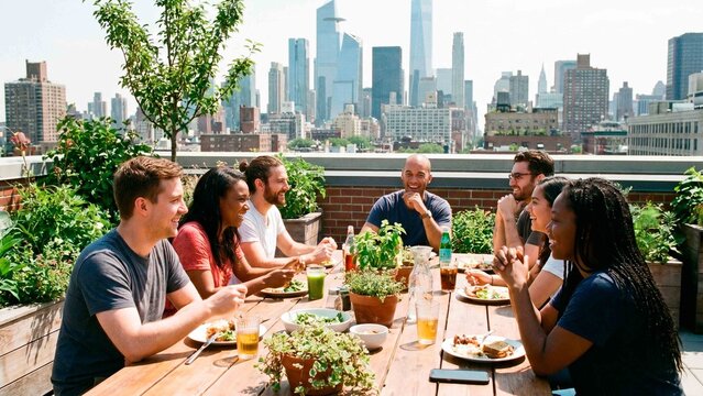 Diverse friends socialize and dine outdoors on rooftop terrace with city skyline backdrop on sunny day