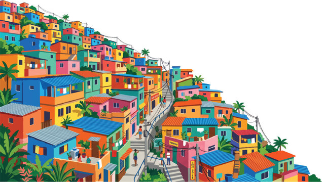 Colorful Favela Hillside Streetscape Flat Vector Illustration Stacked Houses Tropical Colors Brazilian Urban Character
