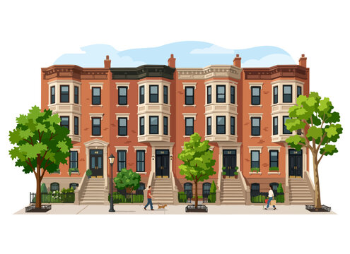 Brooklyn Brownstone Row Streetscape Flat Vector Illustration Classic Townhouses Stoops Street Trees Urban Character