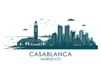 Fototapeta premium Casablanca Morocco City Skyline Flat Vector Silhouette Illustration Hassan II Mosque Modern Towers North African Cityscape