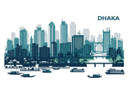 Dhaka Bangladesh City Skyline Flat Vector Illustration Dense Urban Towers Riverside South Asian Megacity Cityscape