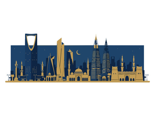 Riyadh Saudi Arabia City Skyline Flat Vector Illustration Vision 2030 Towers Night Blue Gold Middle East Cityscape