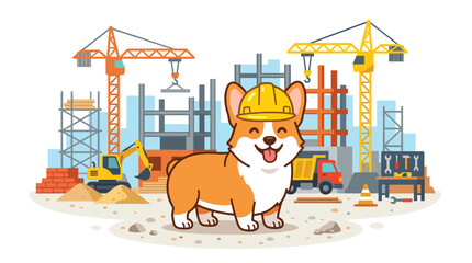Fototapeta premium A cute corgi wearing a yellow safety helmet stands in the middle of a busy construction site with cranes and heavy machinery visible in the background.