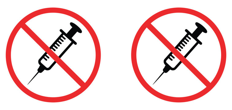 No syringe symbol featuring prohibited injection sign, medical needle restriction warning, injection ban icon, and healthcare safety control symbol