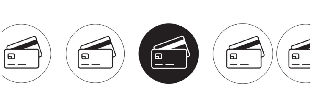 Credit card icons in circles and a black circle on white background