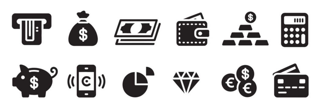 Collection of finance and money icons including ATM, piggy bank, gold bars, and coins.
