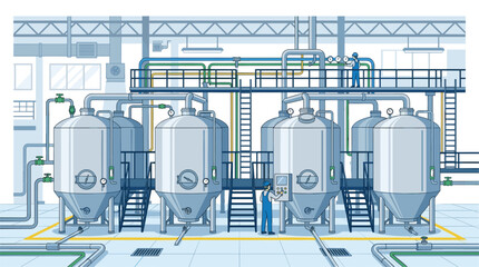 Fototapeta premium Industrial workers operate large stainless steel storage tanks within a modern manufacturing facility featuring complex piping systems under bright professional interior lighting.