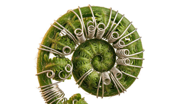 Close up of a fern frond unfurling with silver wire wrapped around it on white background, eco concept