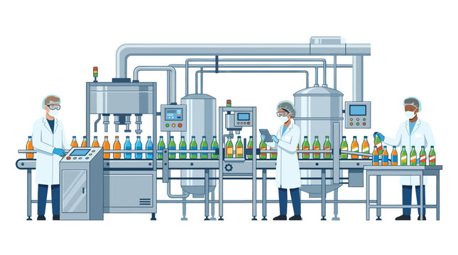 Automated bottling line with workers in protective suits filling and packaging drinks.