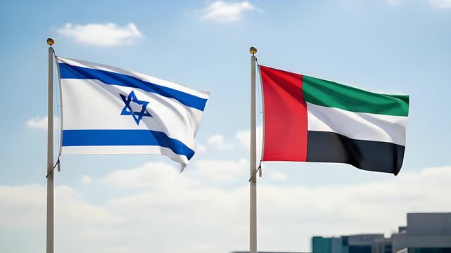 Two national flags, the Star of David emblem of Israel and the United Arab Emirates flag, waving together in the wind against a bright blue sky symbolizing cooperation.