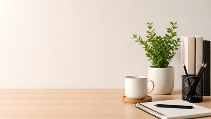 Fototapeta premium A serene workspace with a plant and books.