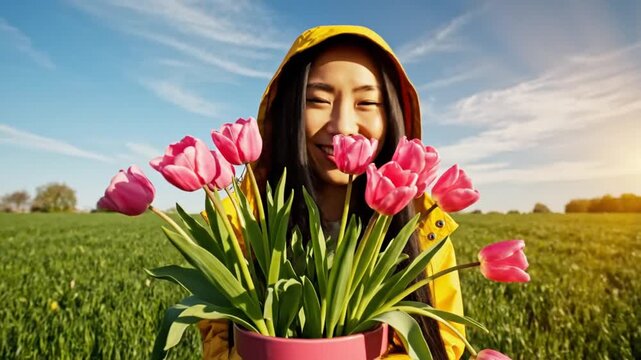 Happy Asian Woman In Yellow Raincoat Smelling Pink Tulips In A Green Field Under Blue