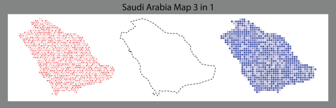 Saudi arabia map 3 in 1 colored illustration with red blue and black outlines
