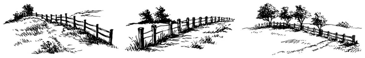 Obraz premium Rural landscape scenes with wooden fences and rolling hills in black and white hand drawn style
