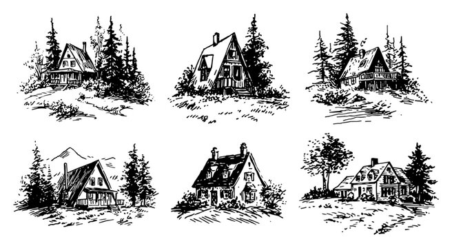 Mountain cabins and forest chalets surrounded by pine trees in sketchy engraving style