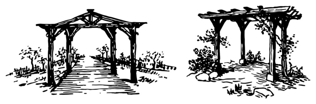 Garden pergolas and wooden arbors for landscape design vintage sketch style